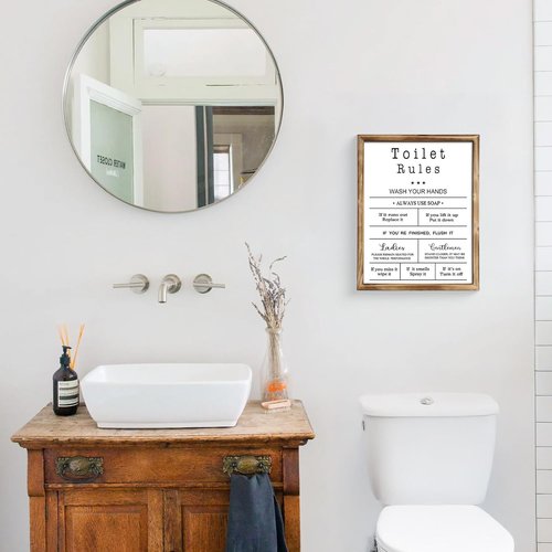 MODE HOME Farmhouse Wall Art - Funny Bathroom Rules Sign in Torched Brown Frame | 14x11 Inch Shabby Chic Decor