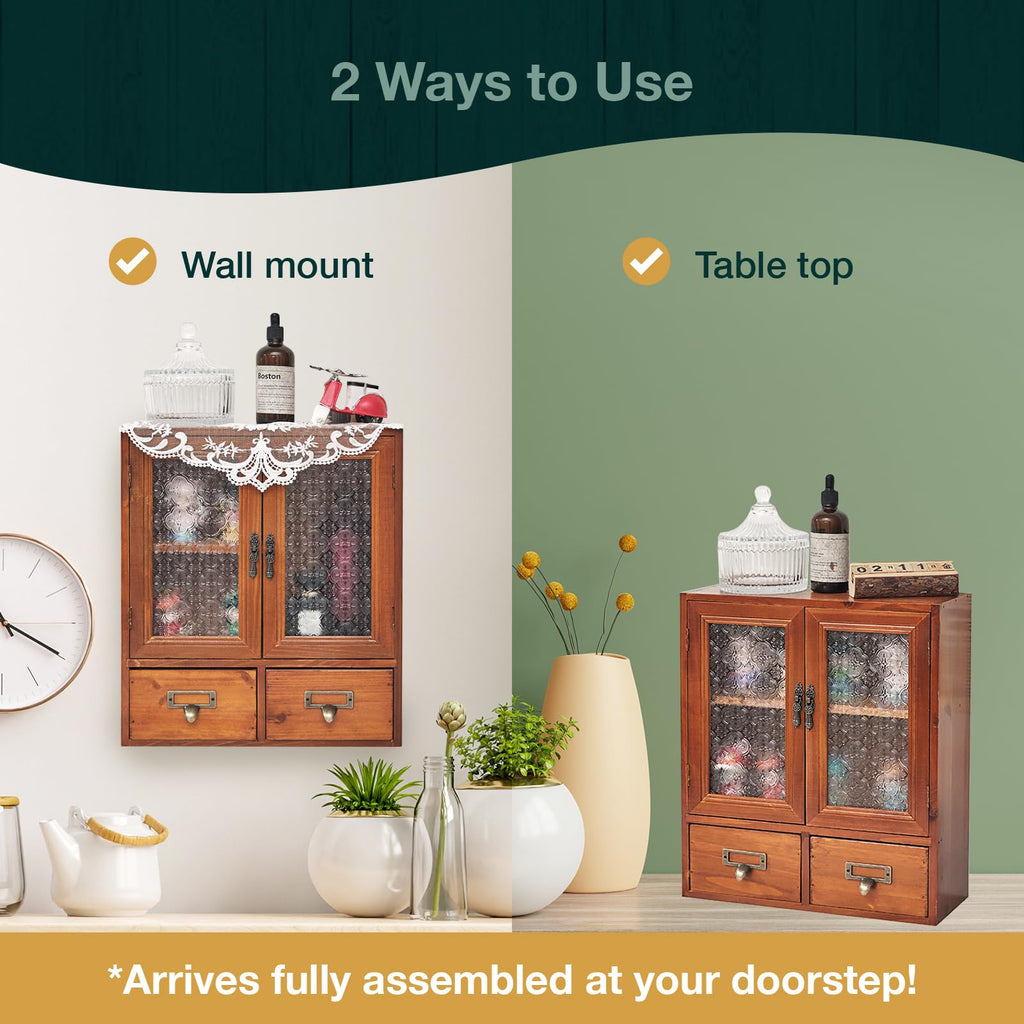 Geometric Motif Mahogany Storage Cabinet with Floral-Embossed Pressed Glass Doors – Victoria Floral Patterned Display Cupboard with 2 Drawers for Kitchen, Pantry and Countertop Organization