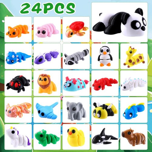 JOICEE 2025 Christmas Advent Calendar with Mini 3D Print Animals, 24 Days Mini Animal Figurines Toys Set Xmas Articulated Flexible Fidget Gifts for Kids Boys Girls Christmas Party Favors