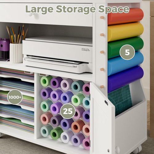 Kikihouse Craft Organizer Cart - Storage Cabinet for Cricut with Drawers & 30 Vinyl Roll Holder | Ideal for Home Craft Room