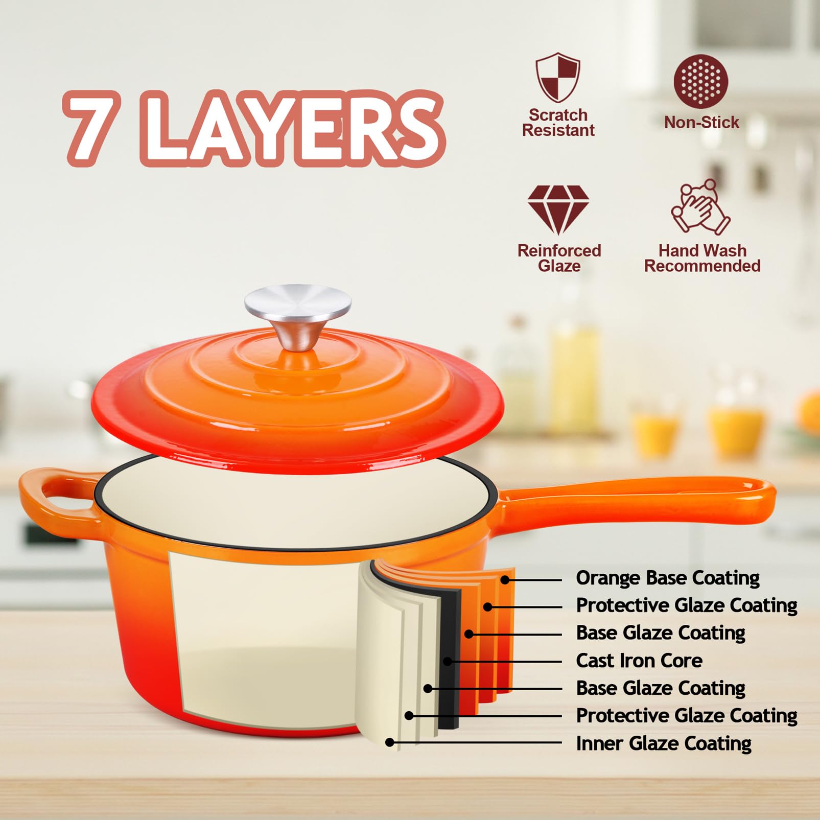 TeamFar 2QT Enameled Cast Iron Sauce Pan, Small Sauce Pot Saucepan with Lid, Mini Dutch Oven for Cooking/Baking/Simmering/Boiling, Sturdy & Nonstick, Oven Safe & Fit for Induction- Orange
