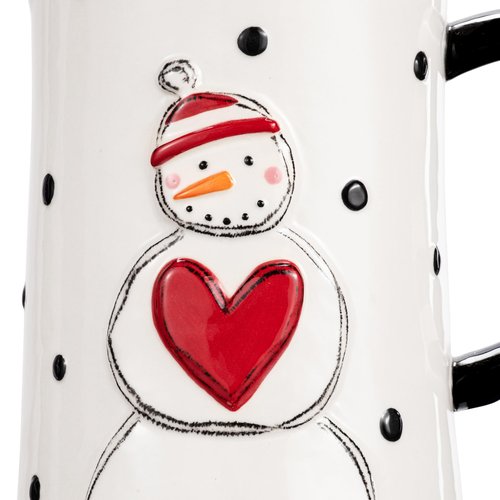 DEMDACO Heartful Home Holiday Snowman Polka Dot White, Black, Red 64 Ounce Stoneware Festive and Functional, Kitchen Counter or Tabletop Décor, Christmas Beverage Serving Pitcher