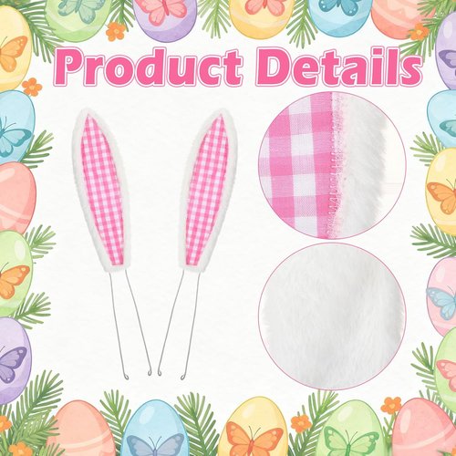 10 Inch Easter Bunny Ears Set with Wire Ties Plush Wreath Decoration Bunny Ears Decoration Accessories Bendable for Easter Wreath Accessories (White，Plaid)