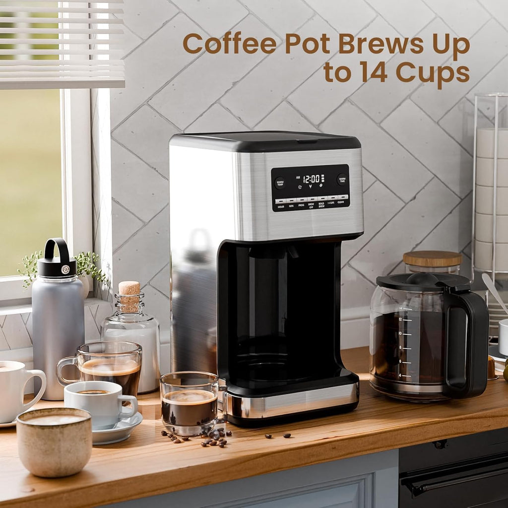 Skiennix 14-Cup Programmable Coffee Maker - Reusable Filter & Keep Hot Plate, Stainless Steel