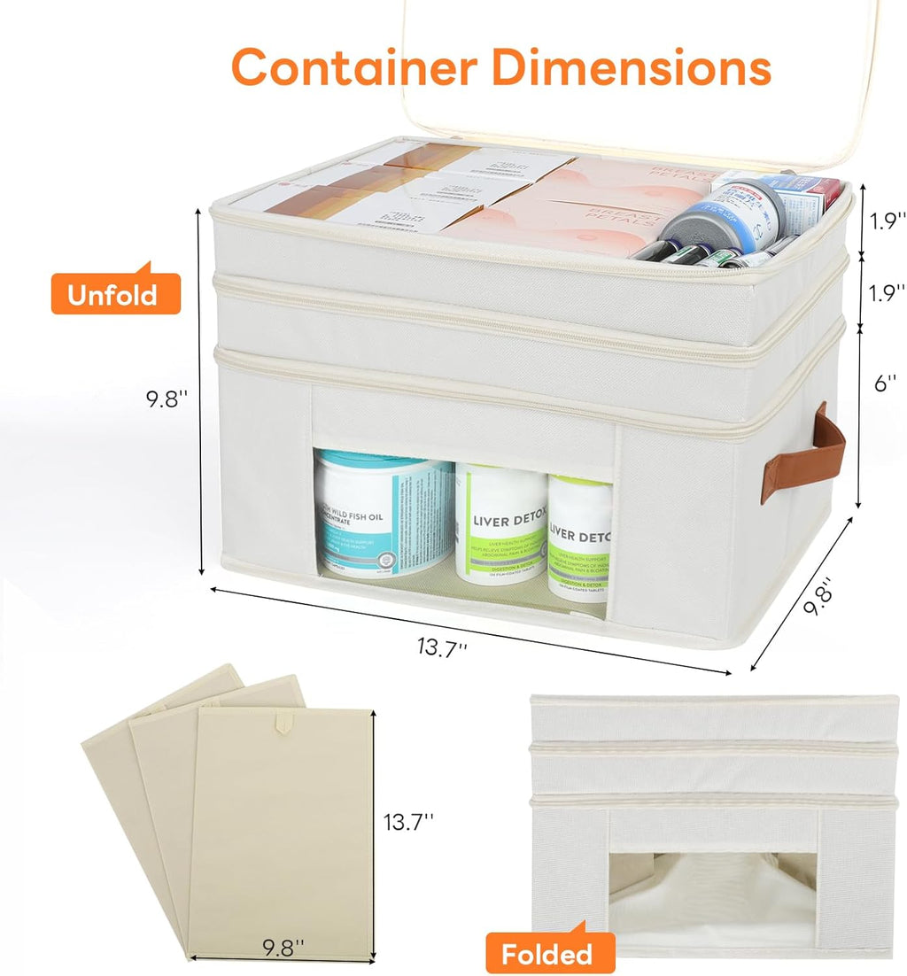 Skiennix 3-Tier Medicine Organizer - Foldable Storage Box with Clear Cover & Leather Handle | Perfect for Home & Travel