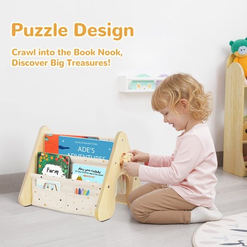 wooshwa Wooden Kids Bookshelf with Double Side, Montessori Book Shelf for Toddlers,4 Tier Sling Book Rack for Baby Nursery Room, Playroom, Classroom Bedroom (Terrazzo)