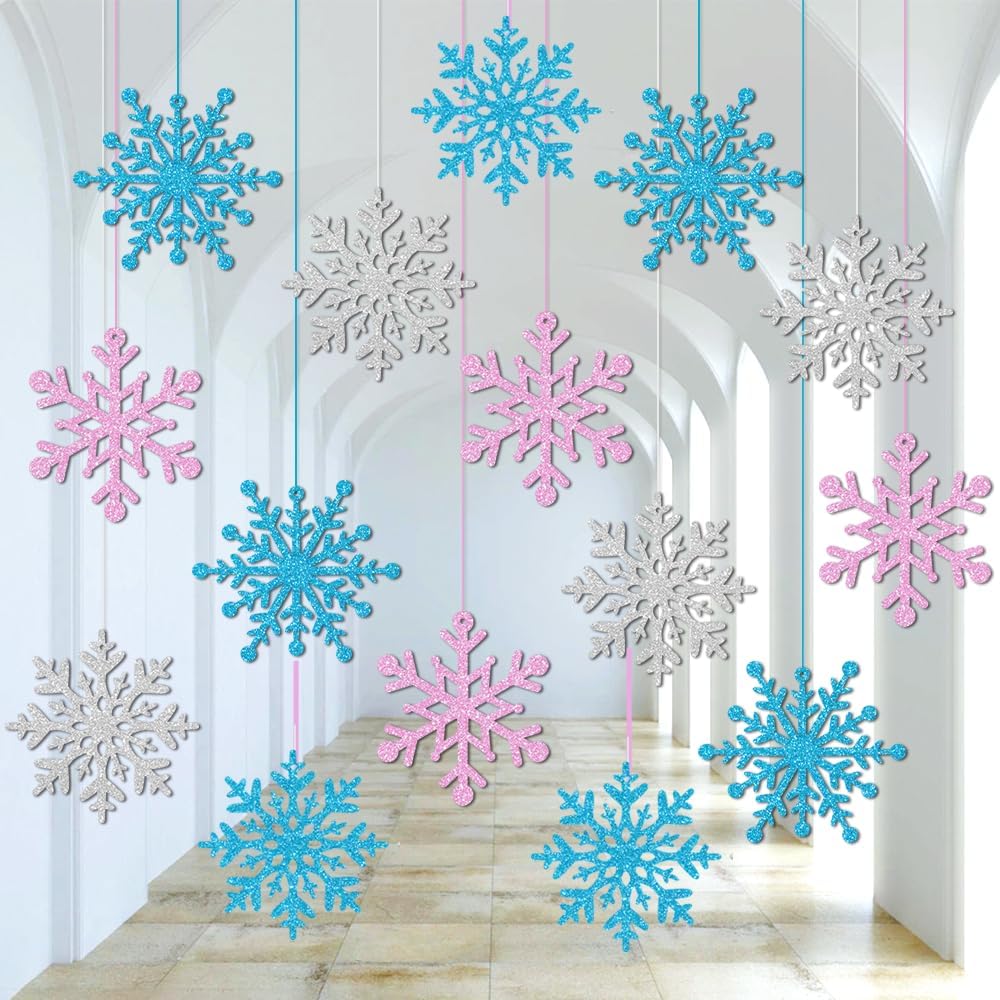 Skiennix Winter Snowflake Hanging Ornaments - Sparkly Ceiling Streamers for Christmas & New Year | Glitter Pink, Blue & Silver