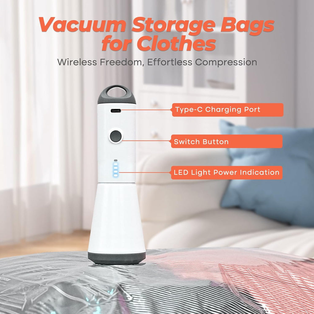 Vacbird Vacuum Storage Bags Set - 18 Pack with Rechargeable Wireless Pump | Large, Medium & Small Sizes for Clothing, Travel & Home