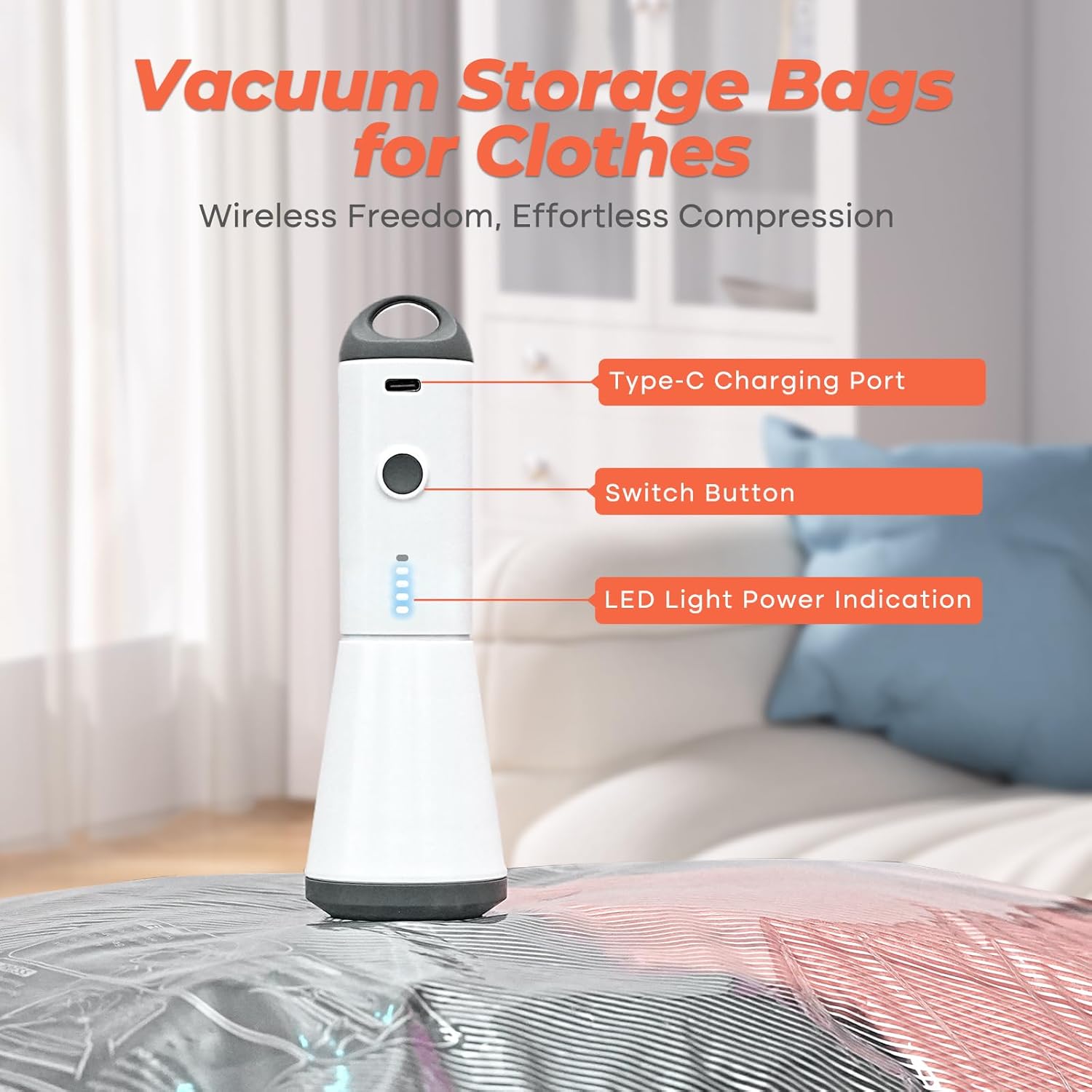 Vacbird Vacuum Storage Bags Set - 18 Pack with Rechargeable Wireless Pump | Large, Medium & Small Sizes for Clothing, Travel & Home