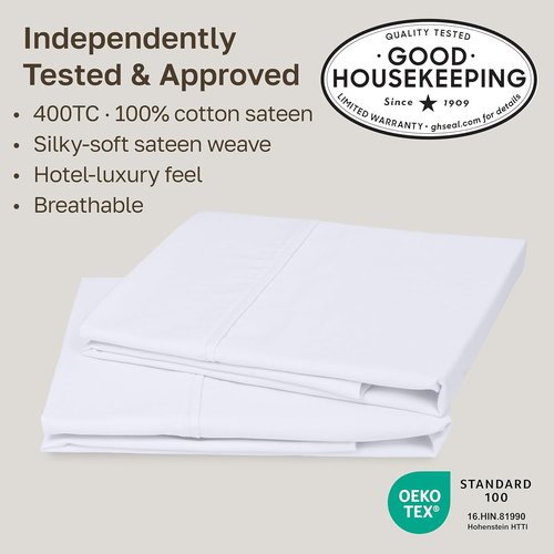 California Design Den King Size Pillowcase Set - 400 Thread Count 100% Cotton Sateen | Soft, Breathable Bright White - Set of 2