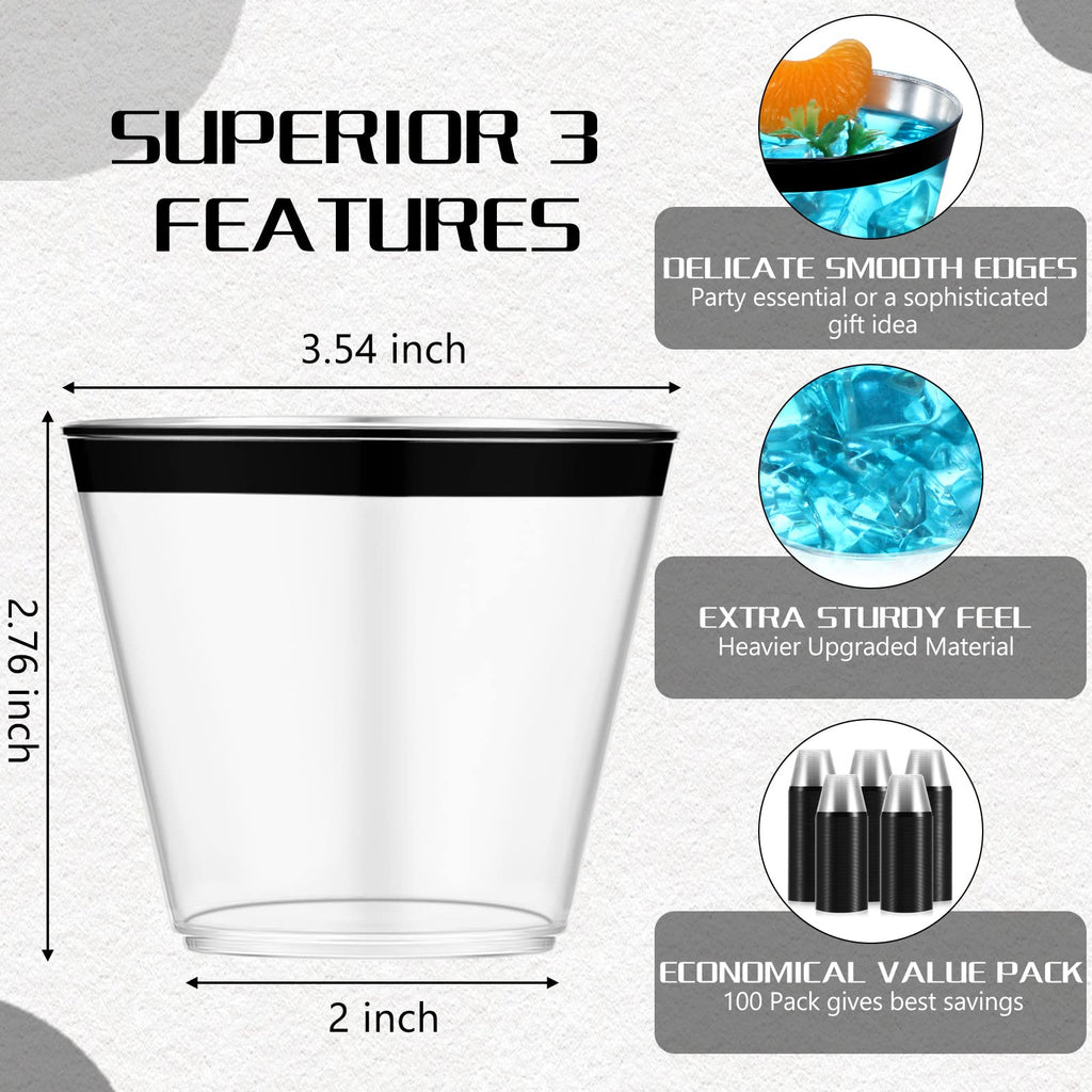 Lounsweer 100 Pcs 9 oz Plastic Cups with Black Rimmed Clear Cocktail Cups Heavy Duty Disposable Wine Glasses for Wedding Birthday Bridal Shower Baby Shower Party Holiday Celebrations