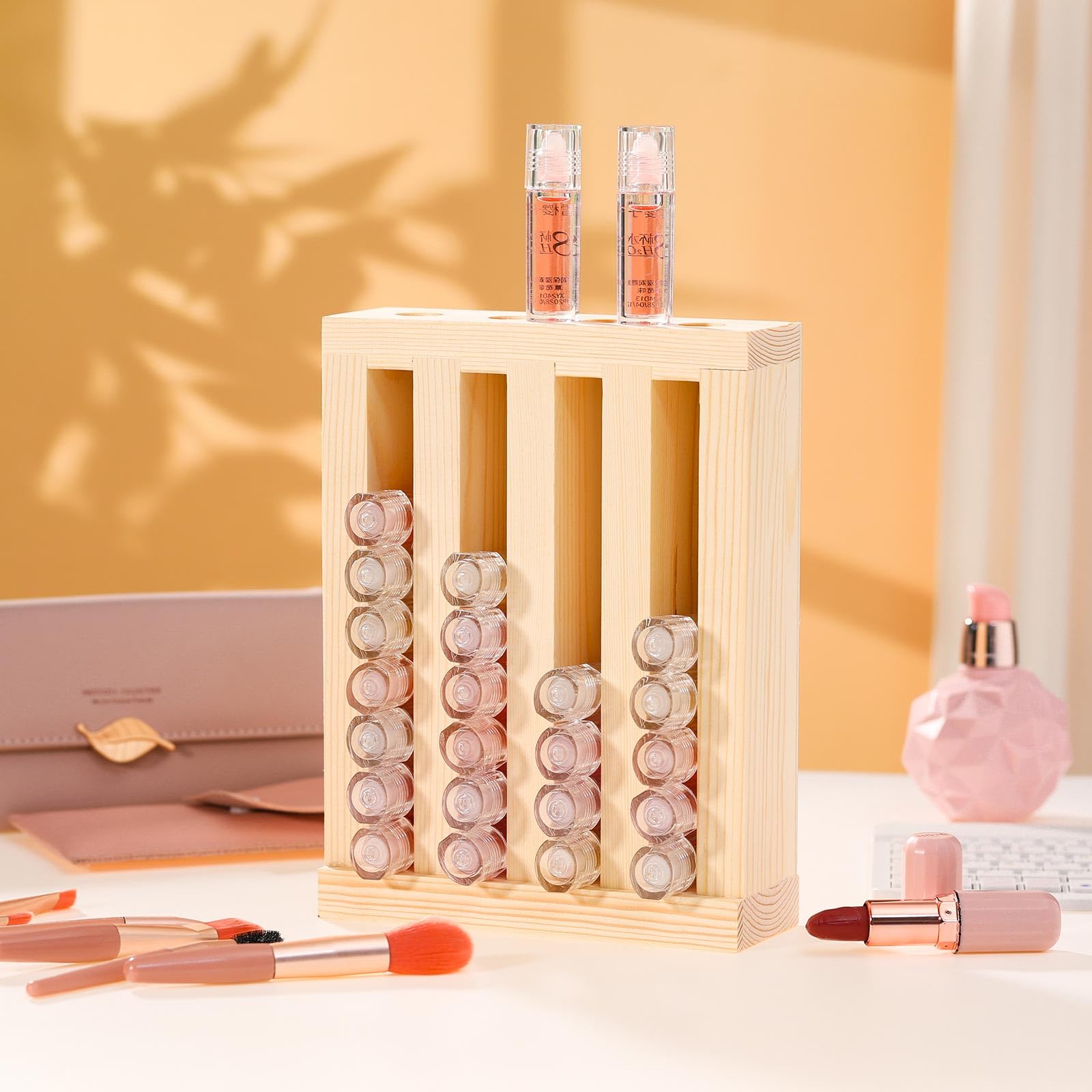 Wonderjune 1 Pcs Wooden Lipsticks Holder 0.7 inch Lip Balm Tube Holder Lip Gloss Organizer Display Wood Lipsticks Tube Tower Organizer for Market Craft Booth Room Display (4 Slot)