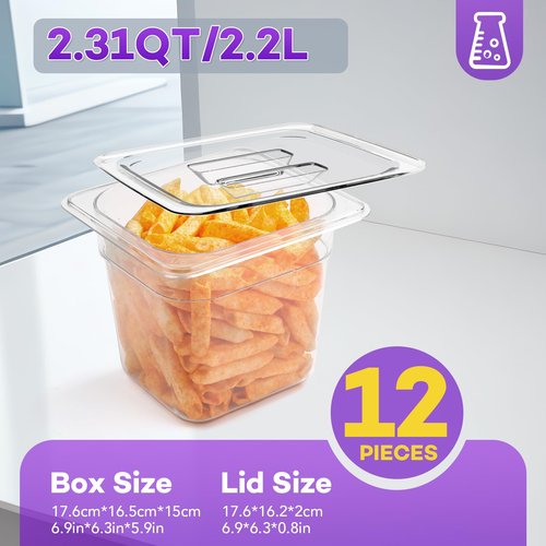 VOISEN 12 Pack Plastic Food Pan with Lids 1/6 Size 6 Inch Deep Commercial Food Storage Containers for Fridge Salad Fruits Vegetables Clear Restaurant Polycarbonate