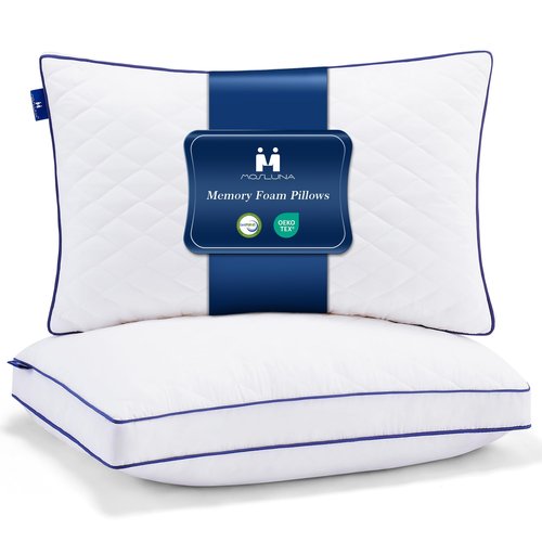 Mosluna Shredded Memory Foam Pillows Queen Size Set of 2, Soft Bed Pillow for Side and Back Sleepers, Medium Firm Pillows 2 Pack with Gusset(20"x30")