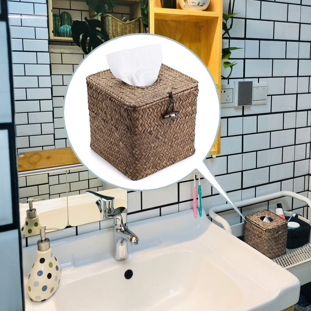 Sumnacon Seagrass Tissue Box Cover - Rustic Woven Design for Bathroom, Bedroom, Office | Coffee Color