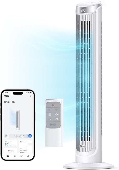 DREO Smart Tower Fan - Quiet 90° Oscillating Indoor Fan with Remote & Voice Control | 12H Timer, 26ft/s Velocity