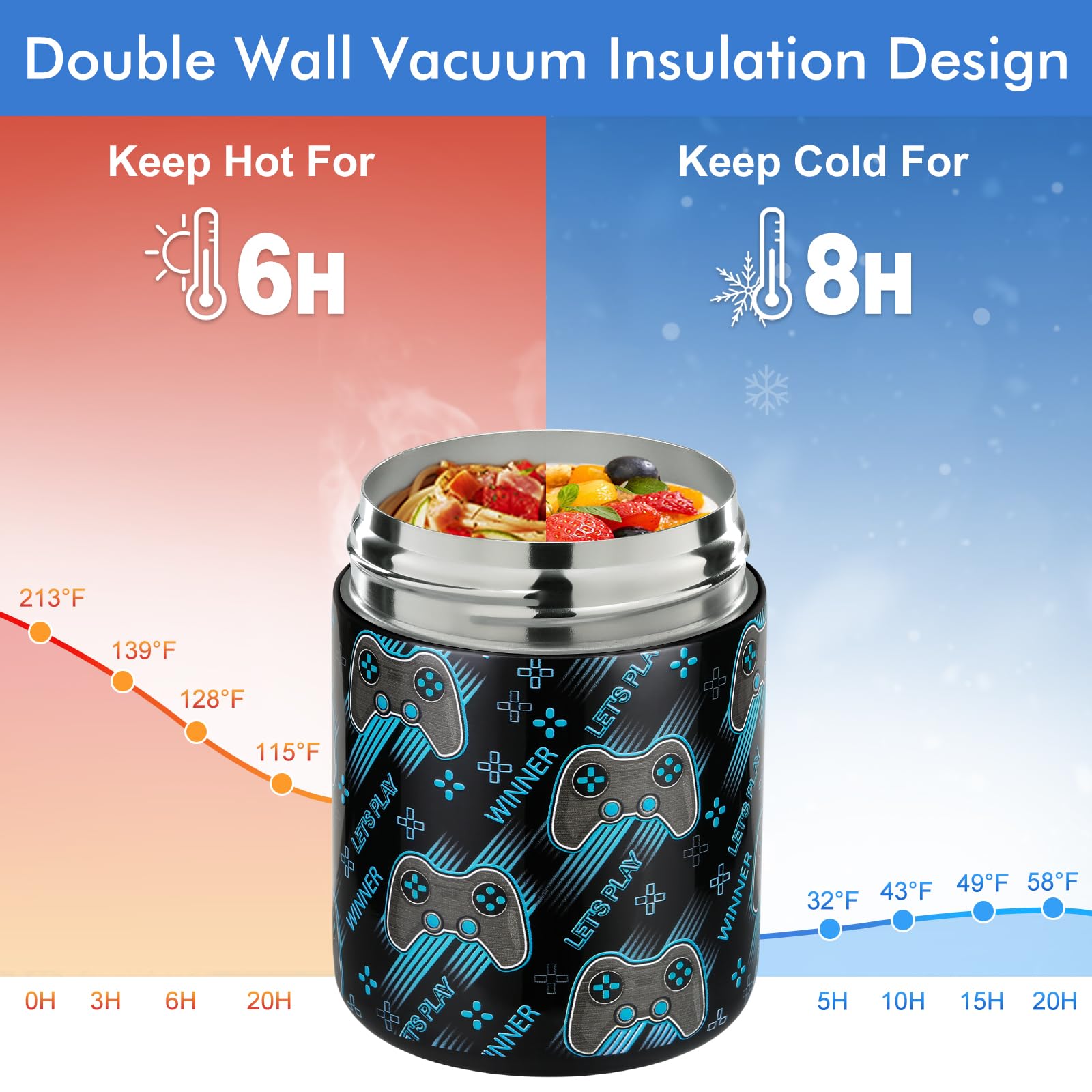 wiwens 12oz Soup Thermo for Hot Food Kids Insulated Food Jar Wide Mouth Lunch Container Leak Proof Stainless Steel Vacuum for School Office Travel Outdoors Black-Gamepad