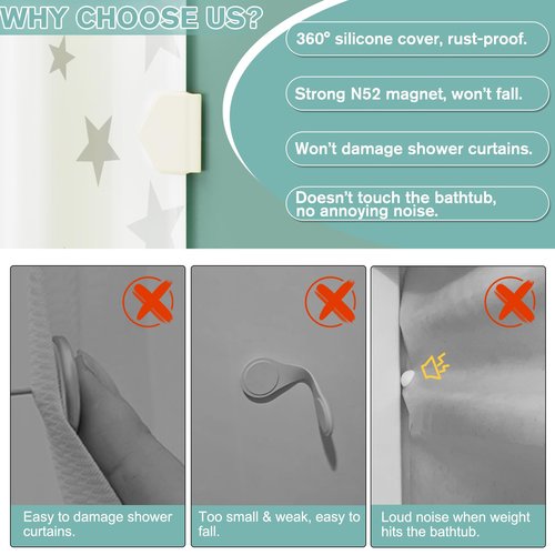 3 Pack Magnetic Silicone Shower Curtain Clips for Liners, Self-Adhesive Waterproof Splash Guards, Strong Magnet Curtain Holders Keep Liner Sealed to Wall, Windproof Easy Installation No-Drill (White)