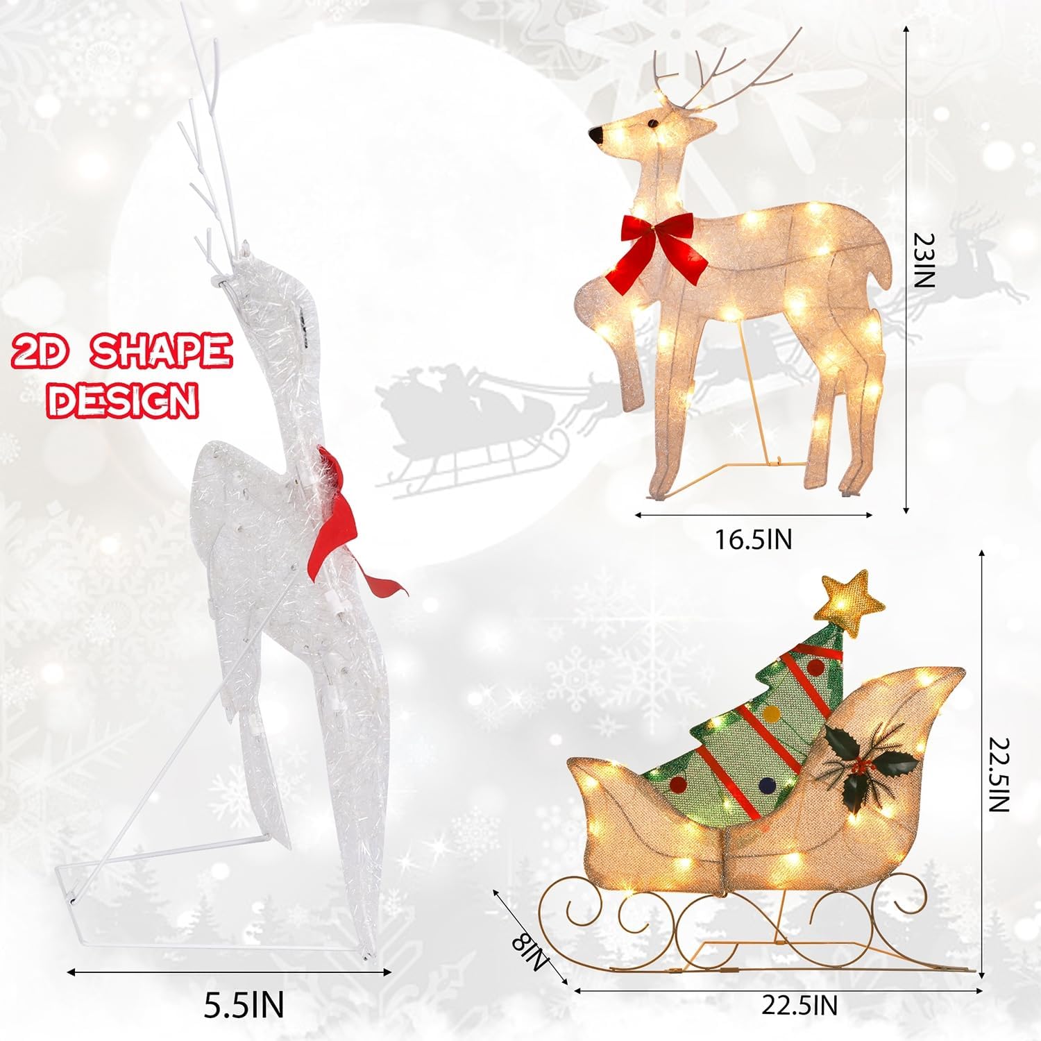 WATERGLIDE Christmas Decorations - 23 Inch Lighted Reindeer & Santa Sleigh | Pre-Lit Outdoor Yard Decor
