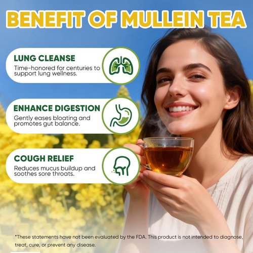 TEAWOO 60 Mullein Leaf Tea Bags, From 100% Natural Mullein Leaves for Lungs Health and Respiratory Support, Gluten-Free, Vegan, Non GMO
