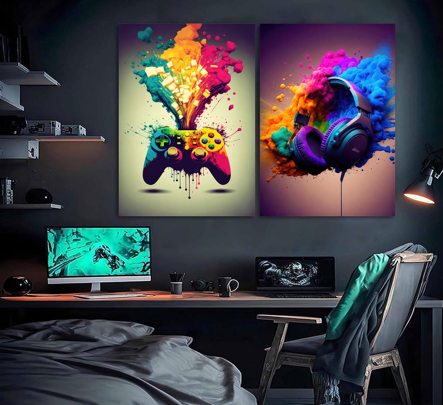 XOIHUR Gamepad Wall Art - Colorful Graffiti Gaming Decor | 2-Piece Set, 16x24 Inch Unframed Prints