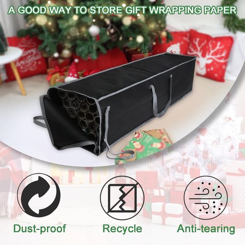 Demao Large Wrapping Paper Storage Bag - 41" Gift Wrap Organizer with Reinforced Handles | Holds 25 Rolls, Dustproof & Stain-Resistant, Black & Gray