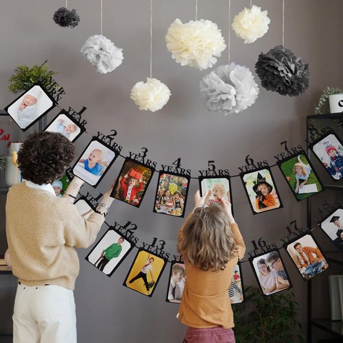 Breling 18th Happy Birthday Photo Banner Newborn to 18th Age Photo Banner Decorations 16th Party Picture Frame Garland Display Party Supplies(18 Years,Black)