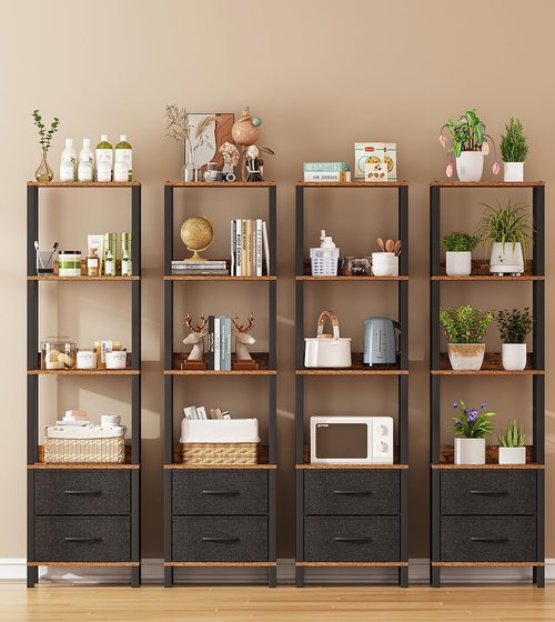 VIMBER Tall Bookshelf with Drawers, 6-Tier Tall Bookcase for Books, Garage Kit, CDs, Movies, Modern Standing Bookshelves Storage Organizer for Bedroom Office Living Room Rustic Brown USSJ002F