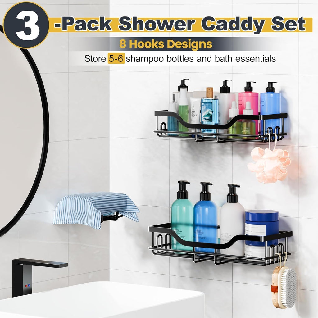 OMAIRA Shower Caddy - 3-Pack Rustproof Organizer with Soap Holder for Smooth Walls & Glass Tile, Black