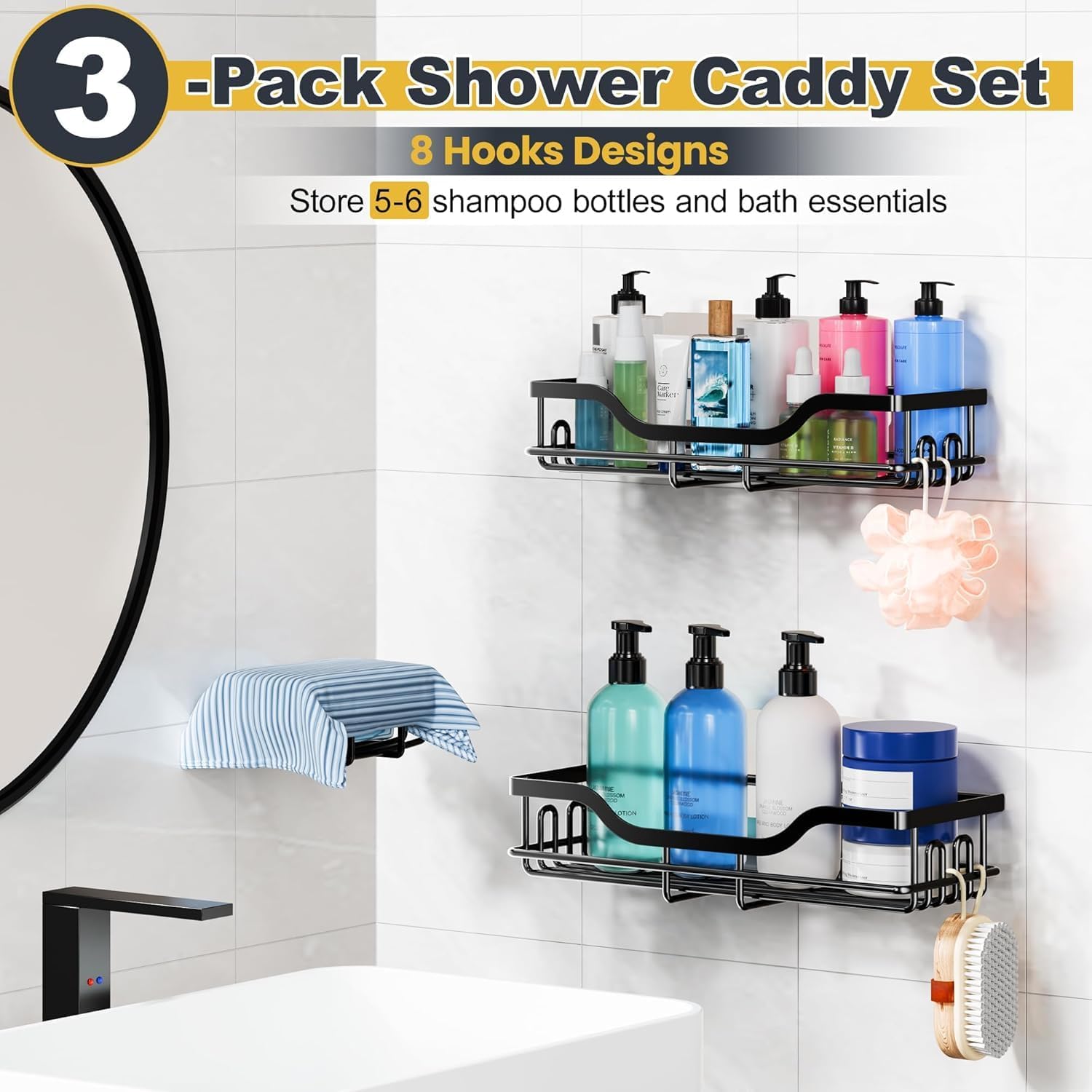 OMAIRA Shower Caddy - 3-Pack Rustproof Organizer with Soap Holder for Smooth Walls & Glass Tile, Black