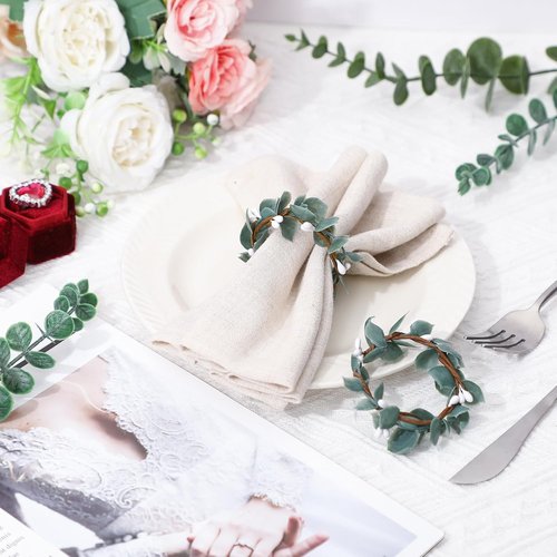 Domensi Eucalyptus Leaf Napkin Rings - Set of 6 Rustic Greenery Holders for Weddings & Dining (White Berries)