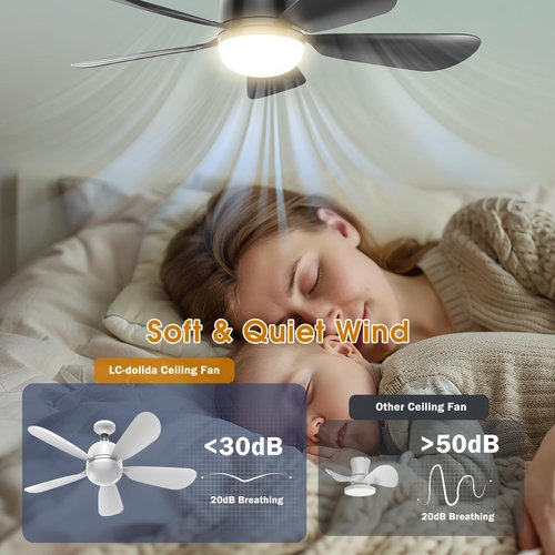 LC-dolida 23.8'' Socket Fan Lights with Remote Control, 3-Color Dimmable LED, 4 Speeds, E26/E27 Bulb Compatible, 2000 Lumens, Ceiling Fans with Lights for Bedroom, Dining Room, Home, Black
