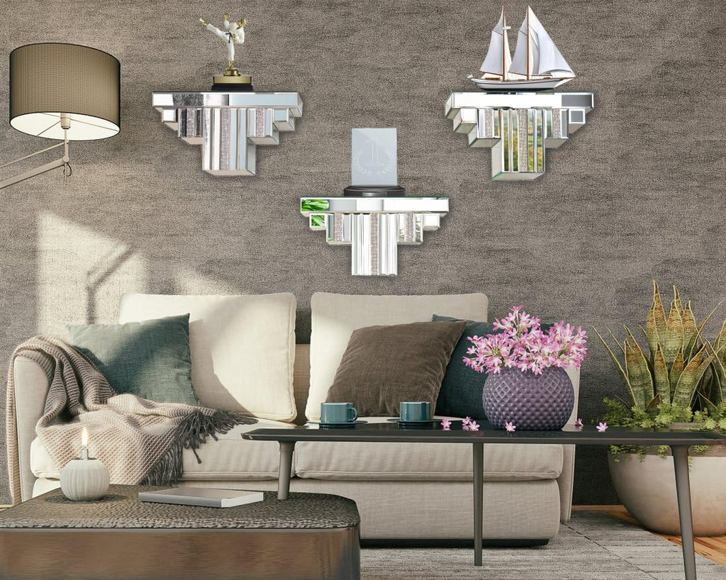 ST3000 Mirrored Floating Wall Shelf, Silver Mirror Crushed Diamond Decorative Wall Shelf for Home Decoration Crystal Diamond Art Décor Accent Piece Showcase, 14.3" L×5.5" W×7.6" H
