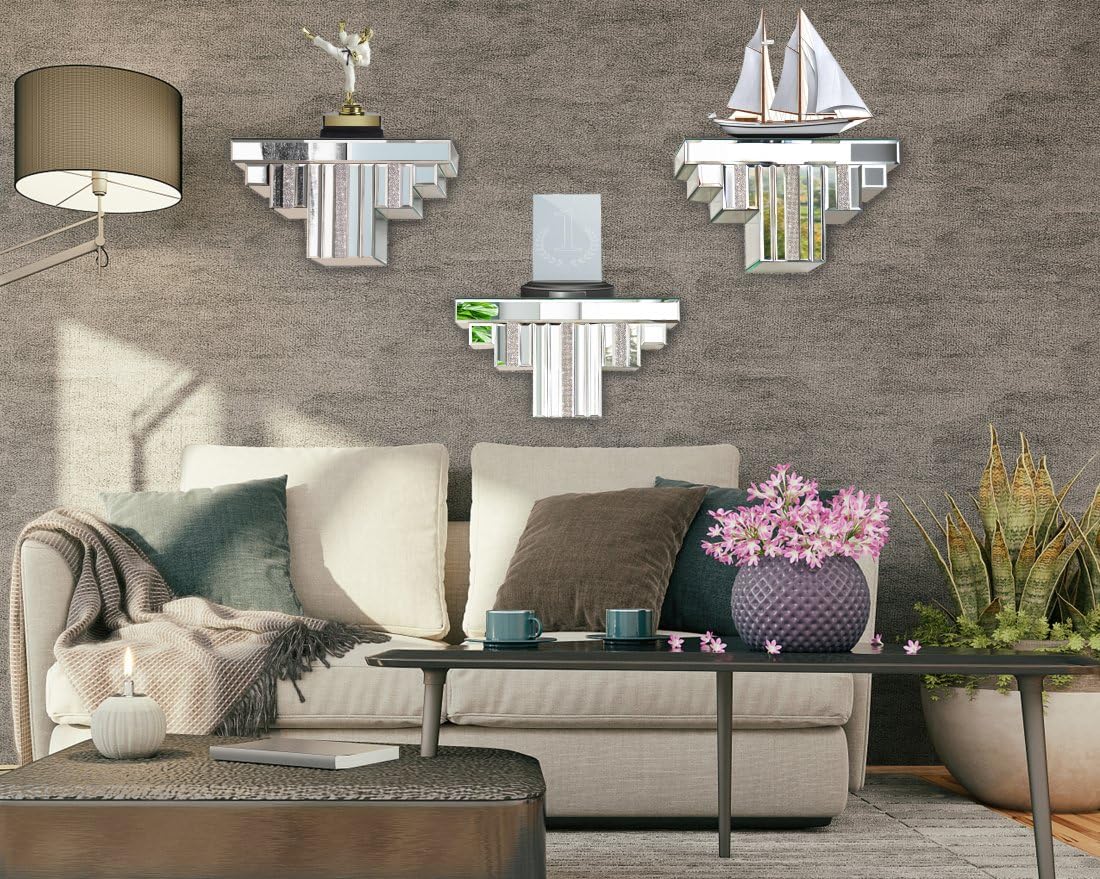 ST3000 Mirrored Floating Wall Shelf, Silver Mirror Crushed Diamond Decorative Wall Shelf for Home Decoration Crystal Diamond Art Décor Accent Piece Showcase, 14.3" L×5.5" W×7.6" H
