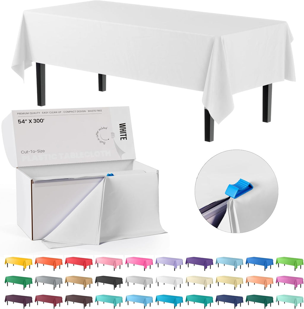 Party Solids White Plastic Table Cover Roll - 54 Inch X 300 Feet with Slide Cutter for Easy Cutting