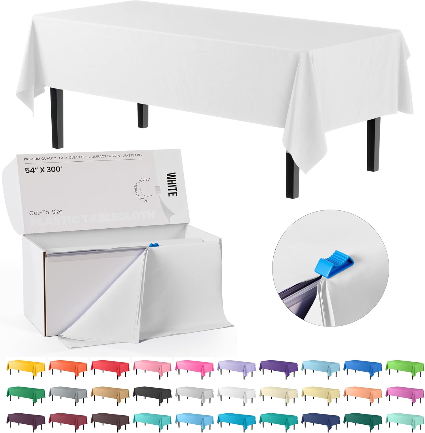 Party Solids White Plastic Table Cover Roll - 54 Inch X 300 Feet with Slide Cutter for Easy Cutting
