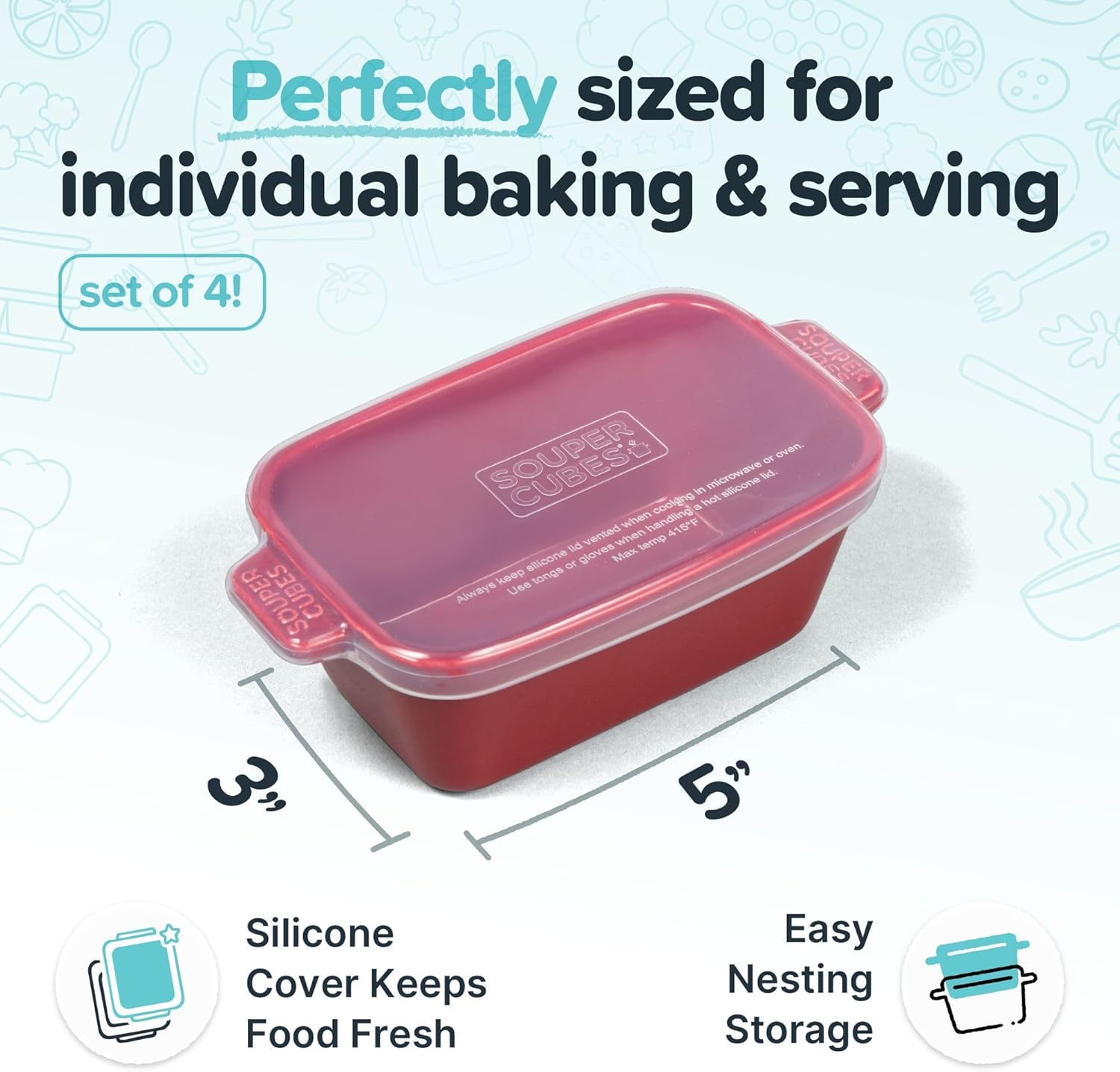 Souper Cubes Stoneware - Small 5" x 3" Ceramic Baking Dish with Silicone Covers | Set of 4 in Cranberry for Perfect Single Serve Portions