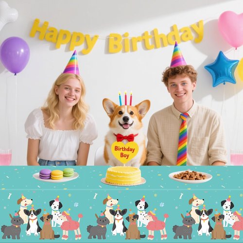 4 PCS Pet Dog Birthday Party Decorations Retro Puppy Birthday Plastic Tablecloth Rectangular Retro Dog Themed Table Cover Party Supplies for Kids Vintage Puppy Baby Shower Table Decor 108 x 54 In