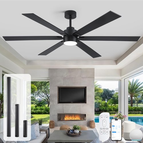 66 Inch Smart Ceiling Fan with Light, Modern Black Industrial Home Lighting & Ceiling fans with App/Voice/Remote Control, Damp-rated Large Airflow DC Outdoor Ceiling Fans for Patios Porch Outside