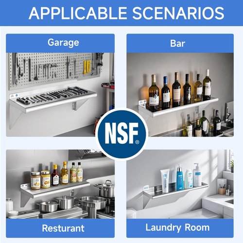 ROCKPOINT Stainless Steel Shelf 12 x 24 Inches 250lb, 2 Pack NSF Metal Commercial Shelves Wall Mount Floating Shelving with Backsplash for Restaurant, Kitchen, Home and Hotel, Silver