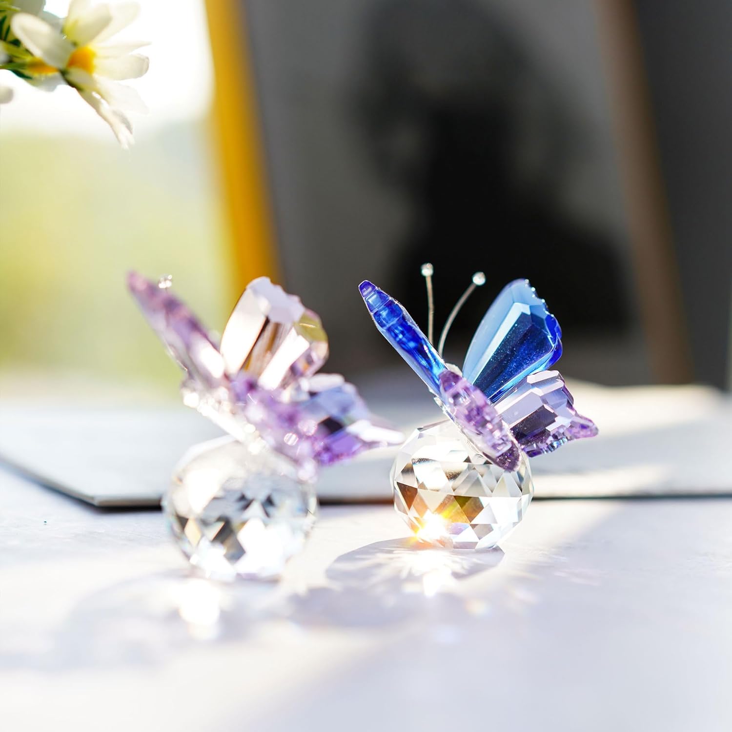 Skiennix Crystal Butterfly Figurines - Elegant Collectible Ornaments with Clear Ball Base | 2-Piece Set
