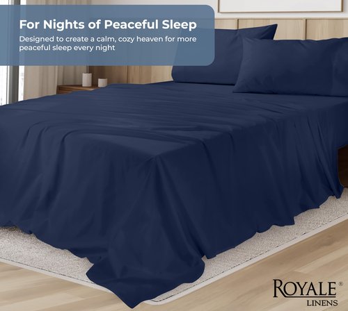 ROYALE LINENS 100% Organic Cotton Queen Sheet Set - Percale Weave - 4 Pieces Set - 1 Flat, 1 Deep Pocket Fitted Sheet and 2 Pillowcases - Navy Bed Sheets - Sábanas Queen - Crisp Cool (Navy)