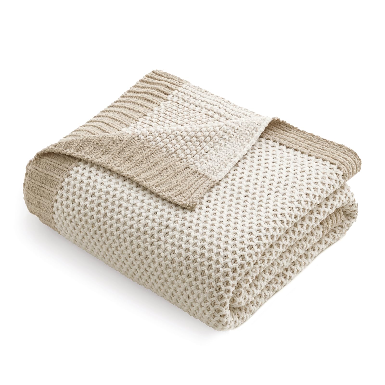 Amélie Home Honeycomb Knit Throw Blanket for Couch, Dual-Sided Soft Chenille Decorative Blankets for Sofa & Chair, 50"x60", Khaki & White