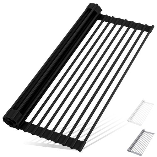 HANZENMA Roll Up Dish Drying Rack Over The Sink Kitchen Roll Up Sink Drying Rack Multipurpose Foldable Sin Drying Mat, Heat-Resistant, Anti-Slip & Anti-Rust Dish Rack for Kitchen, 20.5" x 13", Black