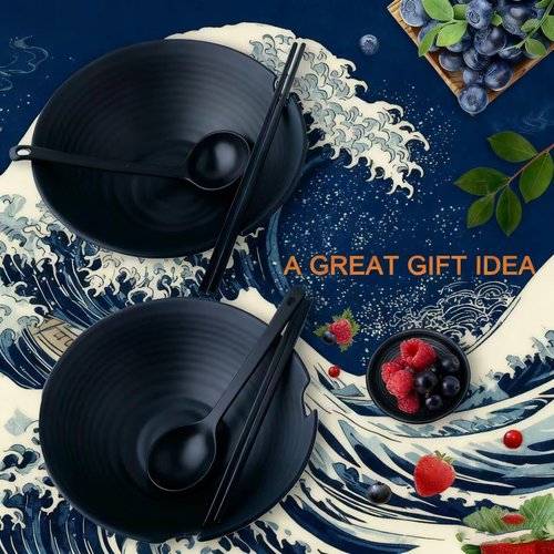 TEQKON (Set of 2) Unbreakable Japanese Style Ramen Bowl with Chopsticks Spoon & Dipping Bowl Saucers, Large Black Matte Melamine Bowls for Pho Thai Miso Udon Soup Noodles, Asian Food & Wonton