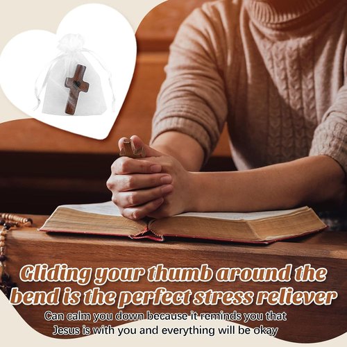 Handmade 10Pcs Wooden Cross Fidget Bulk with Organza Bags - Stress Relief Pocket Cross My Heart for Christian, Pocket Prayer Cross, Religious Easter Day Gifts