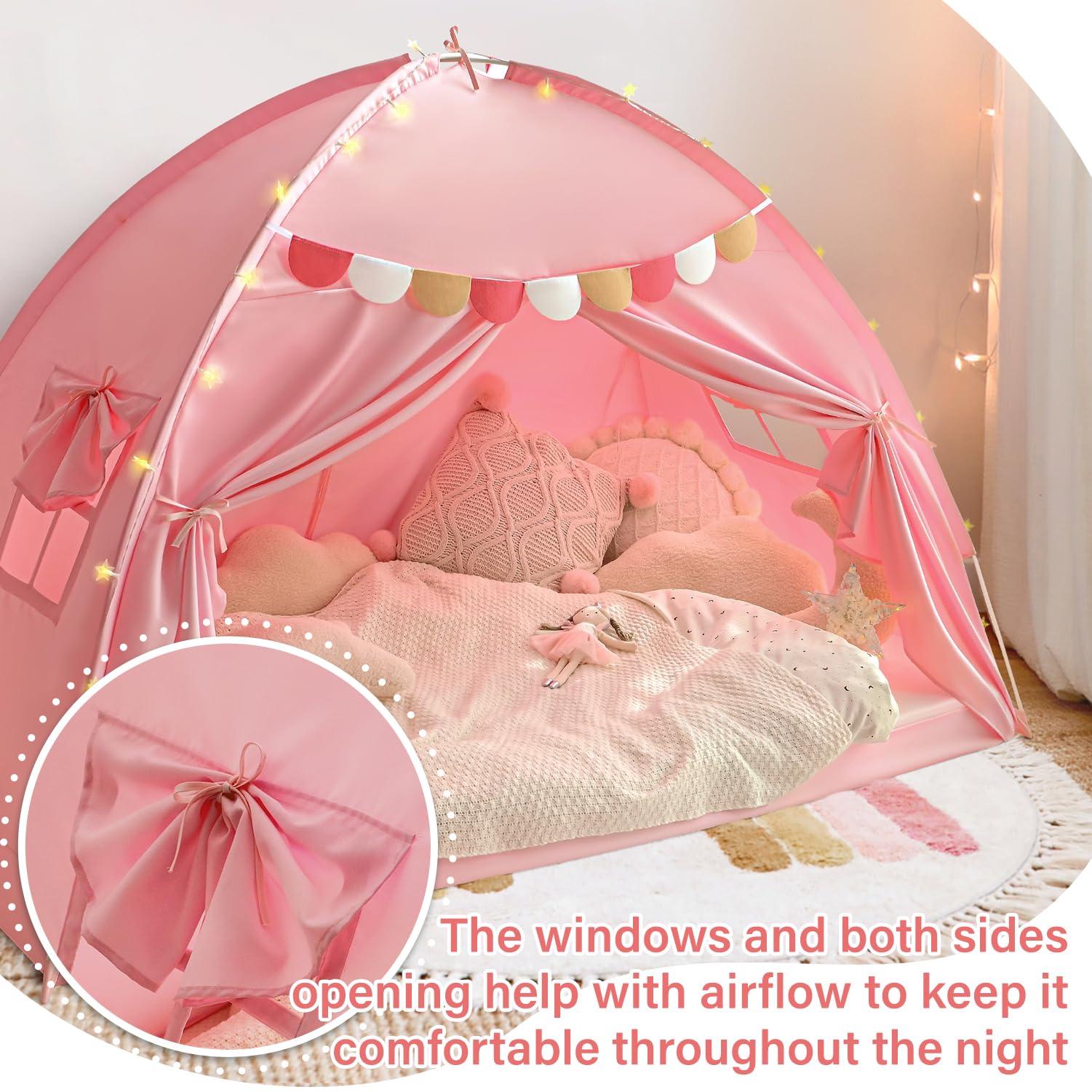 Twin Bed Tent for Kids, Bed Canopy Privacy Sleep Tents for Girls, Pink