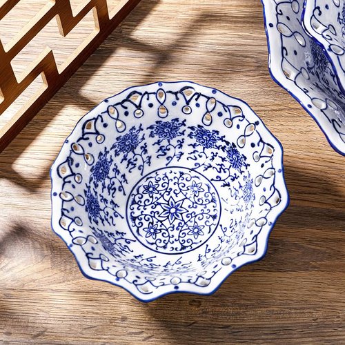 Blue and White Decorative Fruit Bowl for Kitchen Counter - 9.5" Large Ceramic Fruit Pedestal Bowl for Home Table Decor, Blue and White Chinoiserie Floral Decor, Large China Footed Fruits Bowls Basket