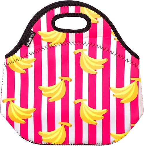 Allydrew Insulated Neoprene Lunch Bag - Stylish Zipper Tote in Bananas and Stripes Design