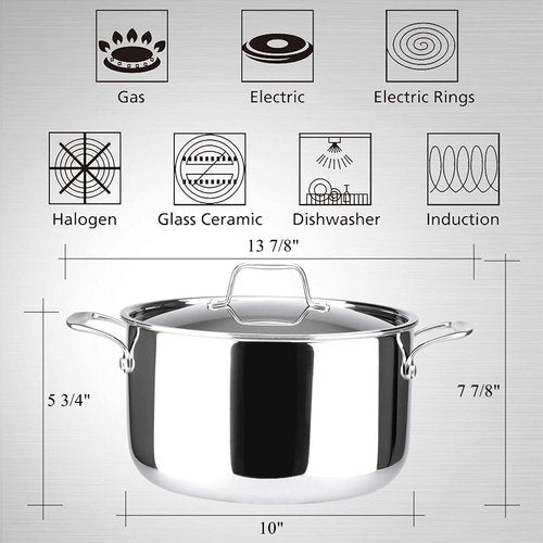 Duxtop 6.5 Quart Stainless Steel Stock Pot with Lid, 3-Ply Cooking Pot for Soup, Rice, Stew, Oven and Dishwasher Safe, Compatible with Induction, Ceramic, Halogen, Gas Stove